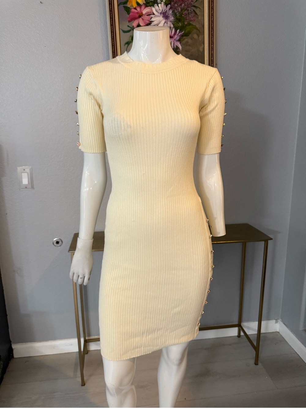 Say What? Cream Ribbed Midi Dress with Pearl-Trim